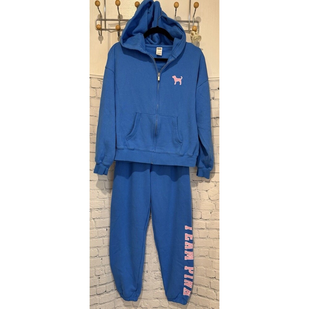 Victoria Secret PINK Blue Full Zip Hoodie XS & NWT Sweatpants Small - Picture 1 of 16